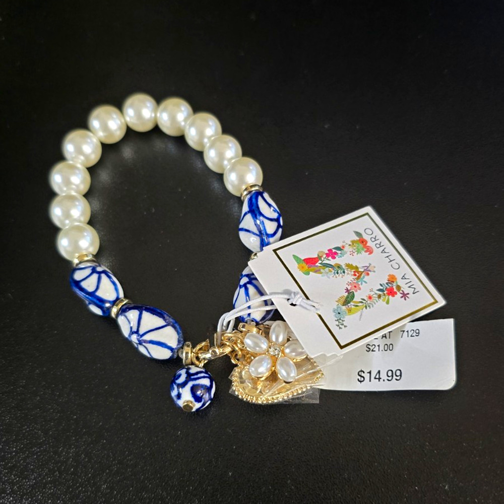 Mia Charo White Simulated Pearl & Blue Beaded Bracelet Gold Tone Flower Charm